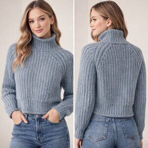 H&M Blue Chunky Knit Funnel Neck Sweater Size Small Cropped Cozy Wool Blend
